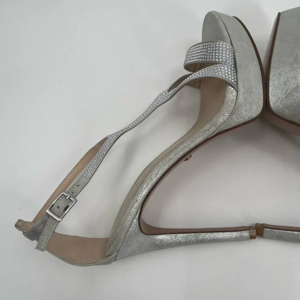 PELLE MODA Heels Size 8 Onora Platform Silver Rhinestone Crystals Strappy Ankle